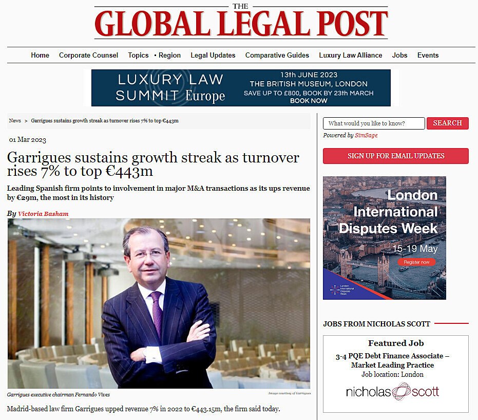 Garrigues sustains growth streak as turnover rises 7% to top 443m